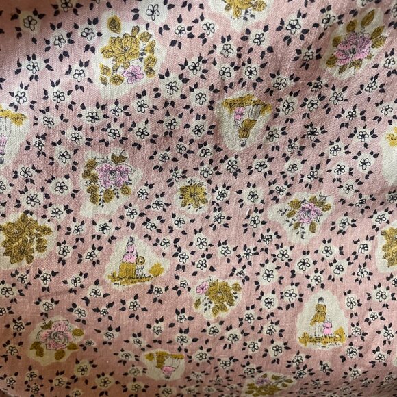 60s Vintage Pink and Black Floral Cotton Corset Waist Scoop Neck Peasant Dress - Picture 4 of 7